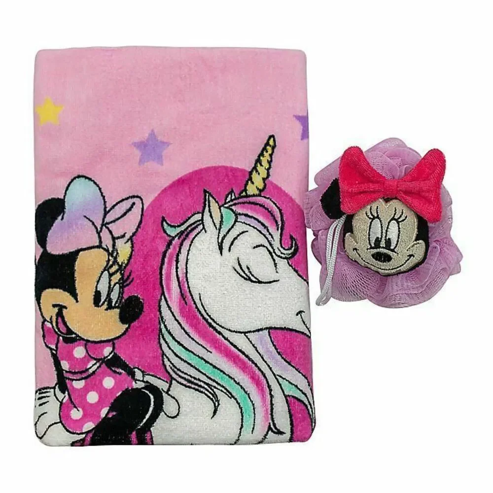 Disney Minnie Mouse Bath Towel and Loofah Puff Set Of 2 Kids Girls Bath Pink